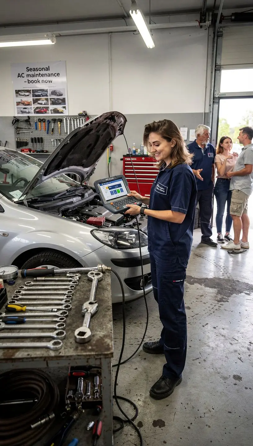 Pracovník autoservisu vysvetľuje rozdiel medzi nutnou a voliteľnou opravou klimatizácie.