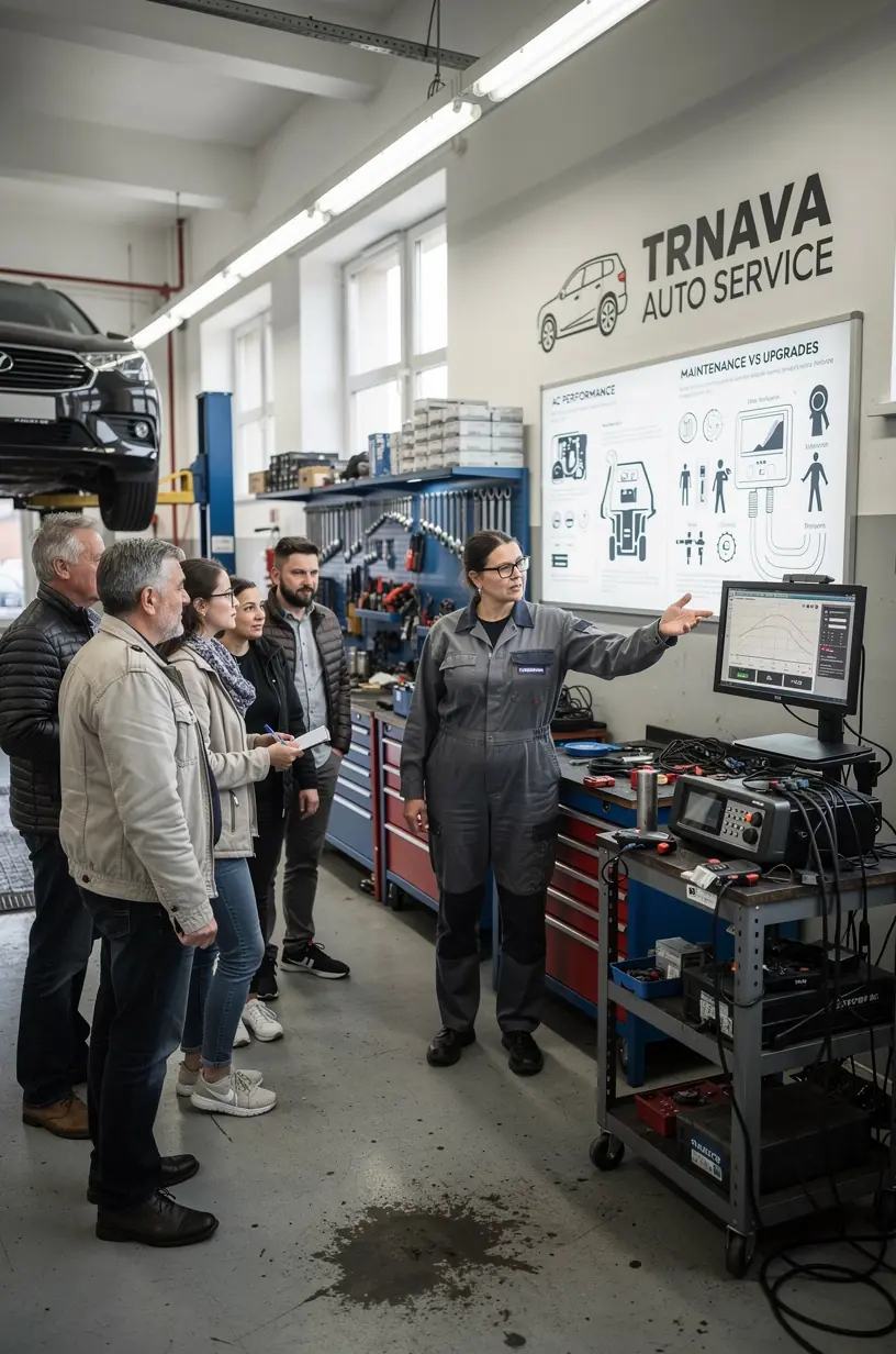 Technik kontroluje výkon klimatizácie vozidla pomocou digitálnych meracích prístrojov.